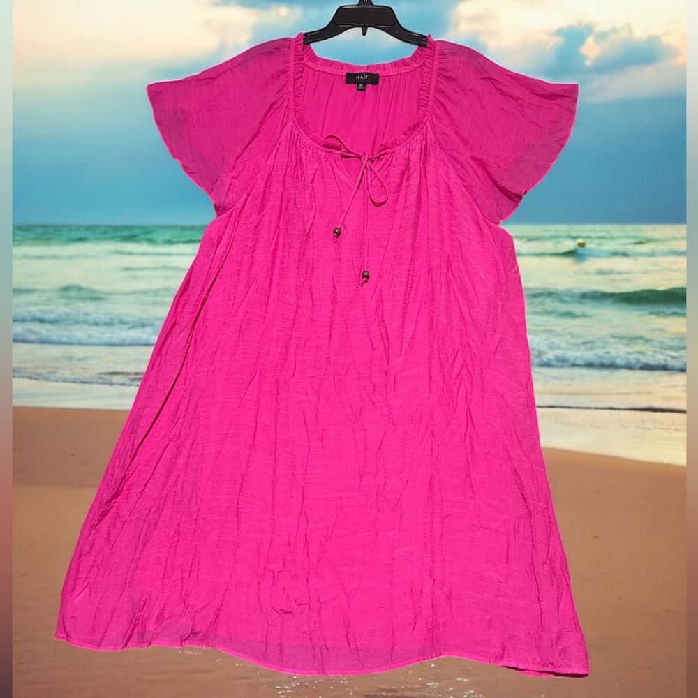 Naïf Anthropology Vibrant Pink Loose Fit Flutter Sleeve Summer Beach Dress
